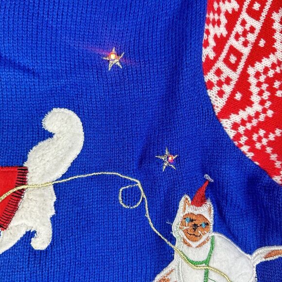 Jolly Sweaters Ugly Christmas Fair Isle Cats Adult XL Blue Red Stars Lights Up* - Picture 3 of 12